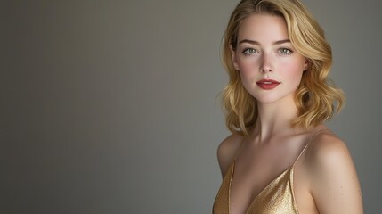 Fototapeta premium pretty Caucasian woman blonde hair girl in gold sexy dress, portrait with relax and happy optimistic