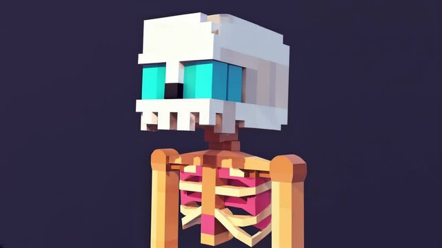 3D voxel-style skeleton character with glowing cyan eyes and ribcage details floating against dark background. Minimalist cubic design with retro gaming aesthetics.