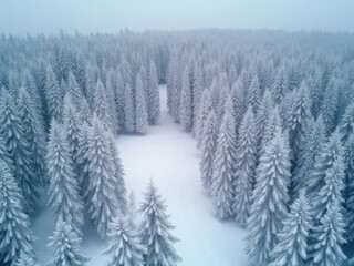 Fototapeta premium A breathtaking aerial view of a winter forest covered in snow, with towering pine and spruce trees blanketed in frost. Generative AI