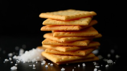 a stack of crackers on a dark background, with a sprinkle of salt scattered around them. The lighting highlights the texture and structure of the crackers, creating an inviting and appealing look.