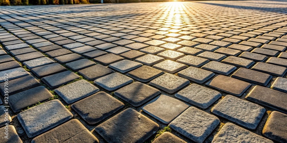 Fototapete a sunlit pathway of square stones with a slight green hue, showing a close-up view of the textured s