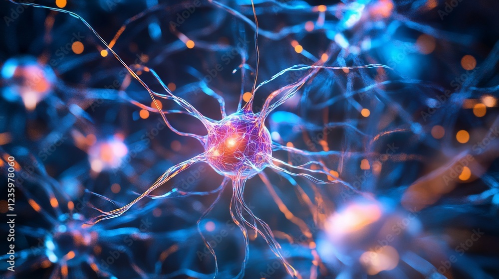 Poster close up of nerve cells with glowing connections illustrating a complex system