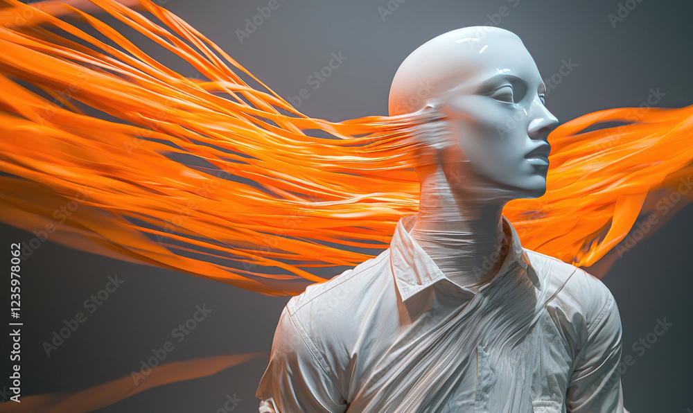 Aufkleber abstract fashion: a white mannequin with long flowing orange fabric streams around it, creating a dy