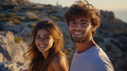 man and woman young love couple happy together at  hill top 