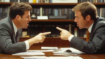 Two men in suits argue passionately across a desk, pointing fingers at each other amid paperwork, suggesting a heated debate or disagreement in a professional setting.