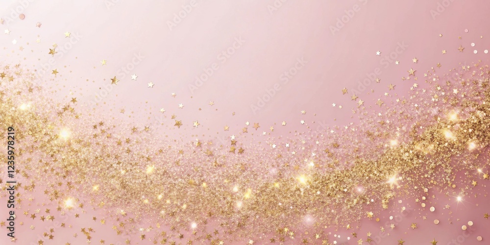 Poster a soft pink background with a wave of gold glitter and scattered gold stars, creating a festive and 