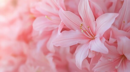 Fototapeta premium Pink Azalea Blossoms, Dew Drops, Soft Light Floral Background