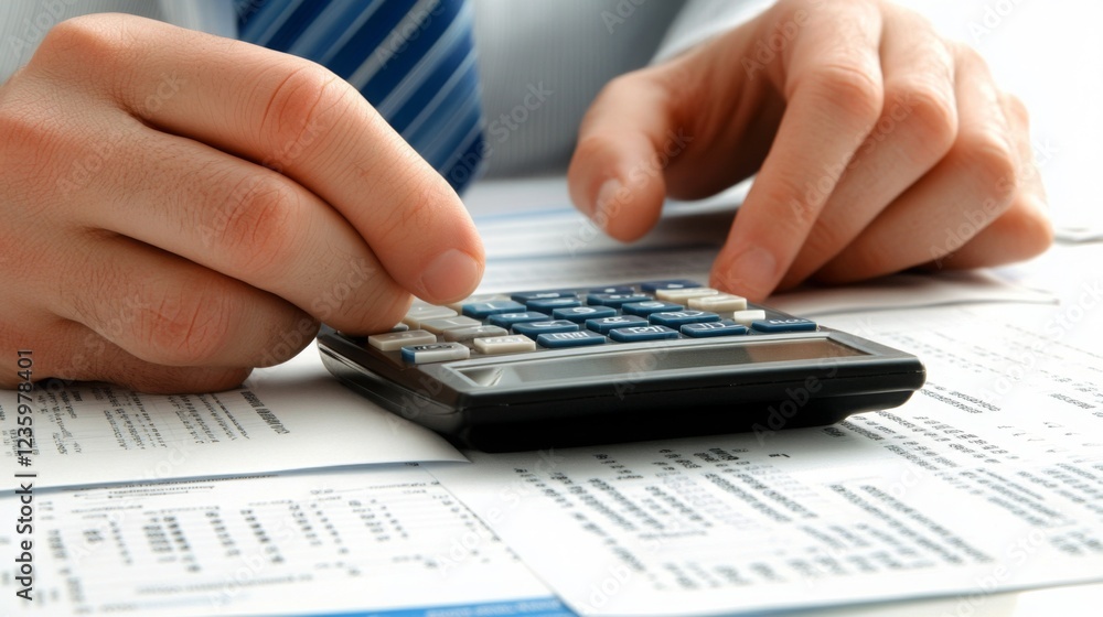 Poster A person is using a calculator while reviewing financial documents and paperwork, focusing on calculations and data analysis.
