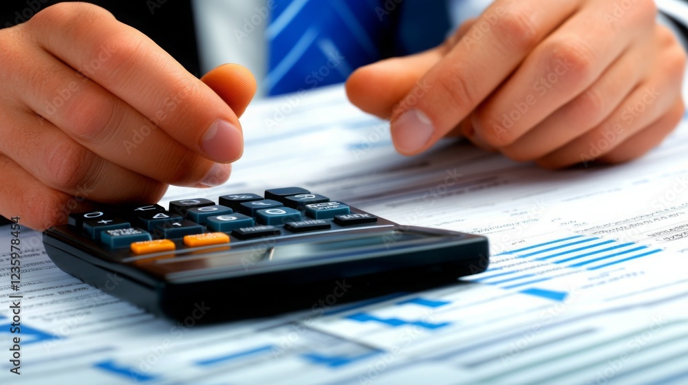Poster a person is using a calculator while analyzing financial documents, showcasing a focus on calculatio