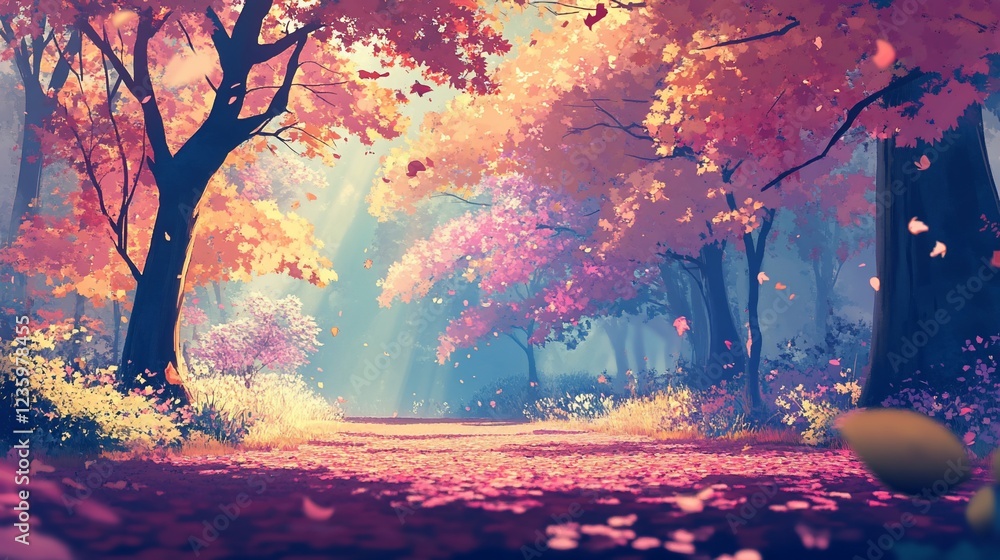 Poster a vibrant forest path with falling leaves and sunlight filtering through the trees in an anime style