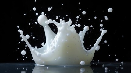 splash of milk against a black background. The droplets are frozen in time, showcasing the fluidity and movement of the liquid as it creates a crown-like formation.