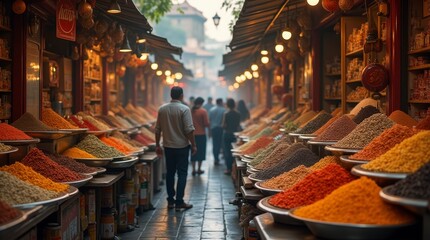 Vibrant Spice Market: A Culinary Wonderland. Exploring the Colors of an Authentic Spice Bazaar. Lively Spice Market Scene with Rich Textures.