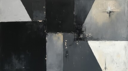 an abstract painting composed of geometric shapes with a monochromatic color palette. It features a combination of black, white, and gray tones arranged in a balanced and contrasting manner