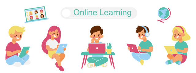 Online Learning Concept with Children Studying Using Digital Devices
