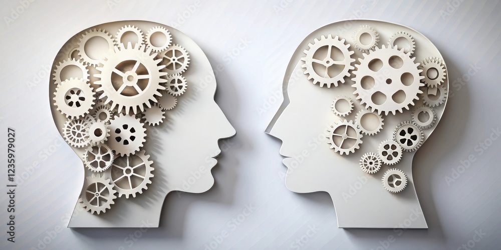 Aufkleber two interlocking silhouettes of heads with intricate gear mechanisms representing the interconnected