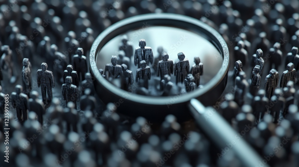 Aufkleber A magnifying glass focuses on a cluster of miniature figures, symbolizing analysis, scrutiny, or research in a crowd.