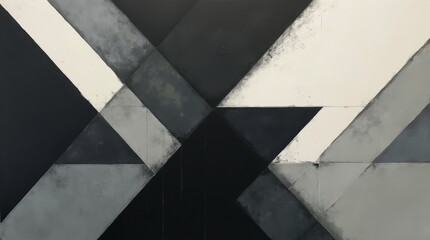 an abstract painting featuring a geometric composition. Various intersecting shapes, primarily triangles and quadrilaterals, in shades of black, white, and grey, create a visually engaging pattern.