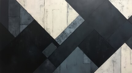 an abstract geometric artwork composed of various rectangular and square shapes. The arrangement of these shapes creates a sense of depth and movement