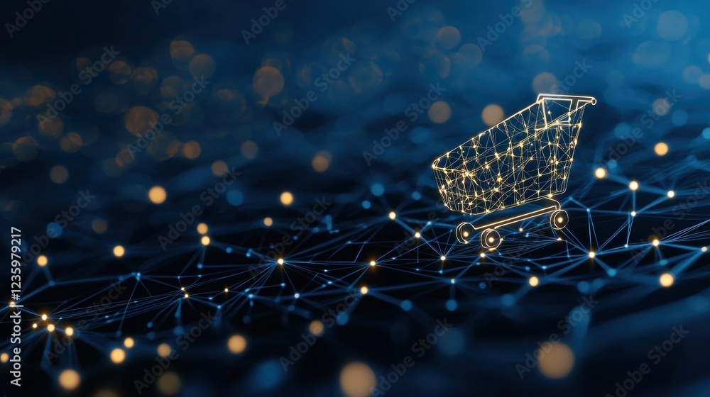 Poster shopping cart network interface online shopping shopping cart icon with data streams and network nod