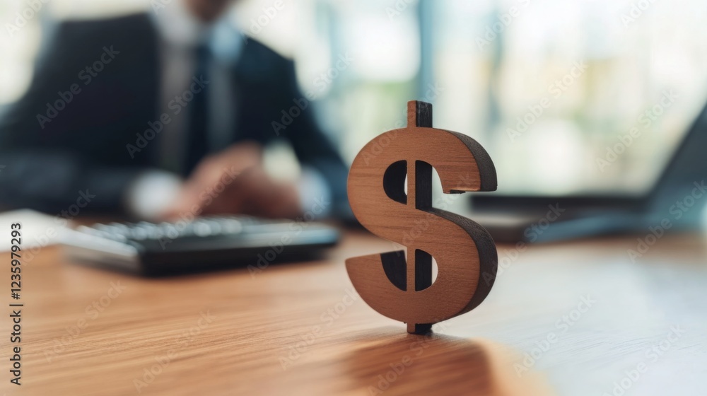 Poster a close-up of a dollar sign on a desk with a blurred figure in a suit working on a calculator, symbo