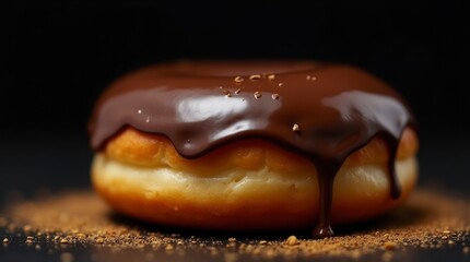 a luscious donut topped with a glossy, flowing layer of rich chocolate icing. The donut has a light, airy texture and is complemented by a sprinkle of fine crumbs around it.