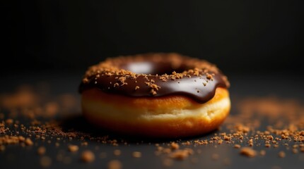a tempting chocolate-covered donut, beautifully contrasted against a dark background.
