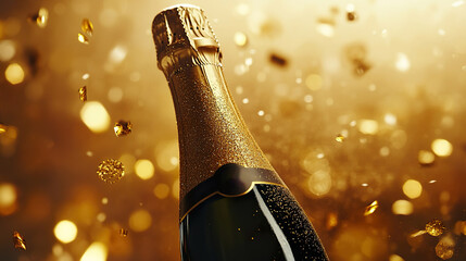 Champagne bottle with gold glitter and confetti, celebrating festive moments in style.