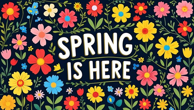 spring is here lettering with colorful flowers for summer and spring celebration banner, poster. floral sheamless pattern.