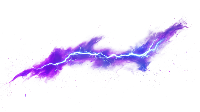 Electric blue with purple lightning bolt streaks on white & transparent a background.