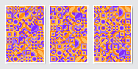 Color neo geo poster. Modern grid flyer with geometric shapes, geometry graphics and abstract background vector set. Geometry grid pattern banner vivid presentation illustration