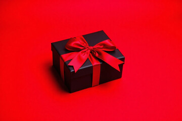 Obraz premium small neatly wrapped gift box on vibrant red background with shiny red ribbon