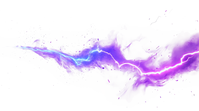 Electric blue with purple lightning bolt streaks on white & transparent a background.