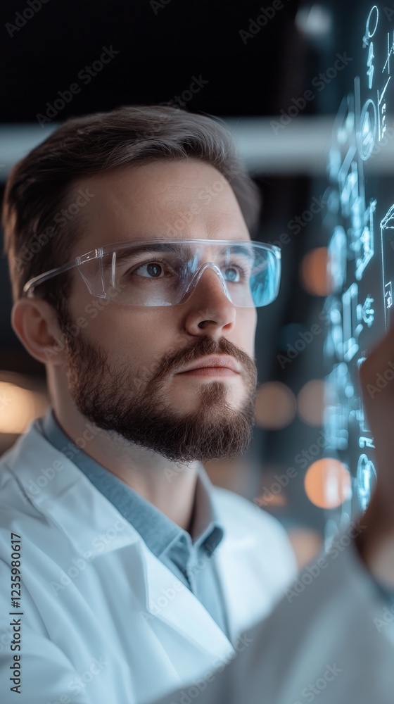 Poster young scientist analyzing data on a transparent screen in a modern laboratory during a research proj