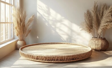 Fototapeta premium Round wicker platform with pampas grass in woven baskets, bathed in sunlight near a window.