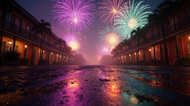 nighttime Mardi Gras celebration: fireworks exploding in purple, green, and gold over a street, reflections in puddles