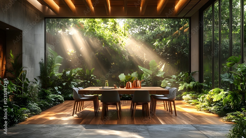 Poster dynamic angle showing a stylish oak table surrounded by chairs a copper watering can resting on it w