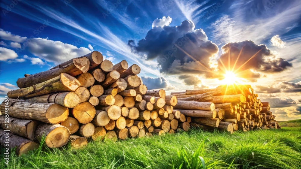 Poster a stack of logs rests against a backdrop of a vibrant sunset sky, creating a picturesque scene of na