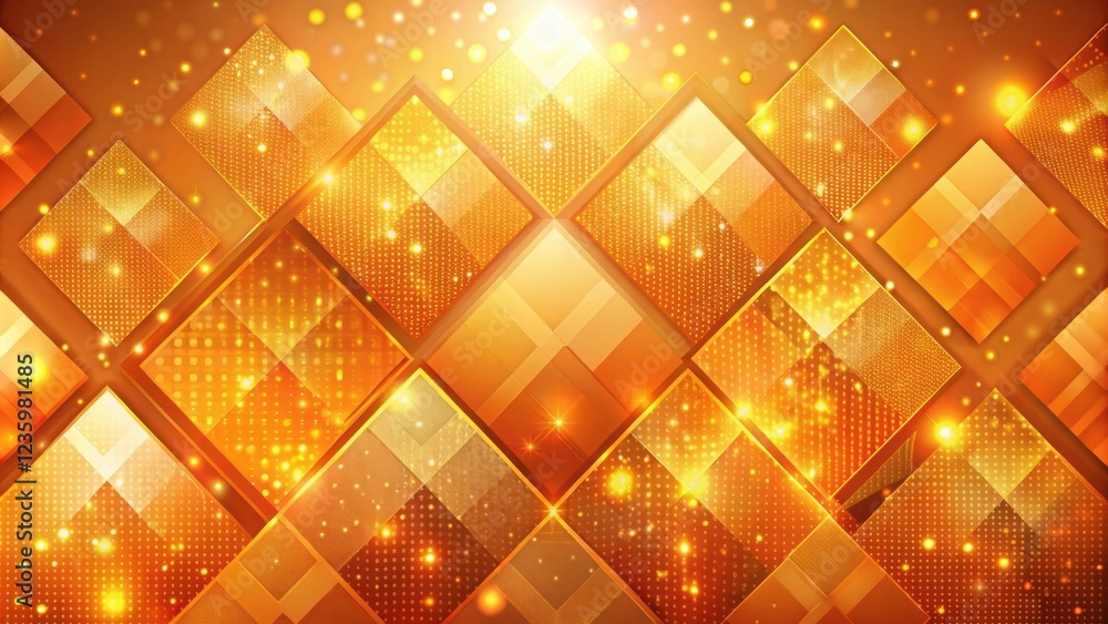 Wall mural abstract geometric pattern of interlocking golden squares with glowing lights and blended textures