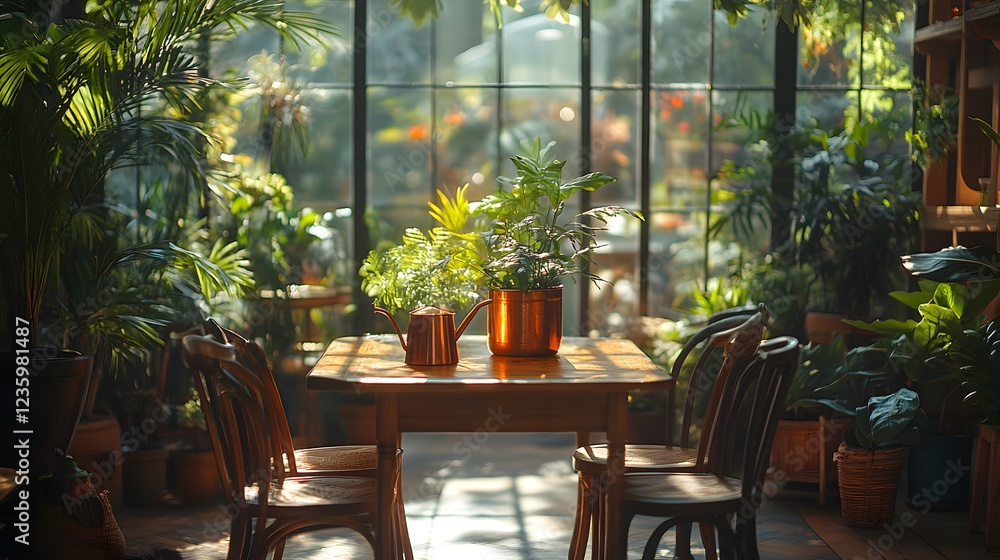 Aufkleber dynamic angle showing a stylish oak table surrounded by chairs a copper watering can resting on it w