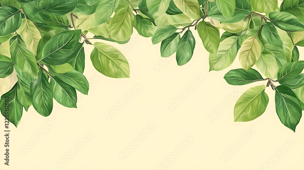 Poster Decorative green leaves border on pale yellow background. Possible use  Background image