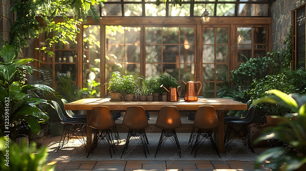 Aufkleber dynamic angle showing a stylish oak table surrounded by chairs a copper watering can resting on it w