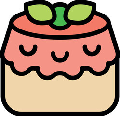 Delicious square cake with a cute smiling face, decorated with pink frosting and a green topping
