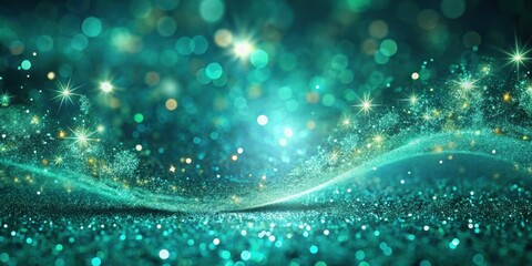 A shimmering wave of turquoise glitter with a soft bokeh effect and glowing stars in the background.