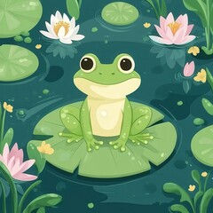 Cute Cartoon Frog Sitting on Lily Pad  
