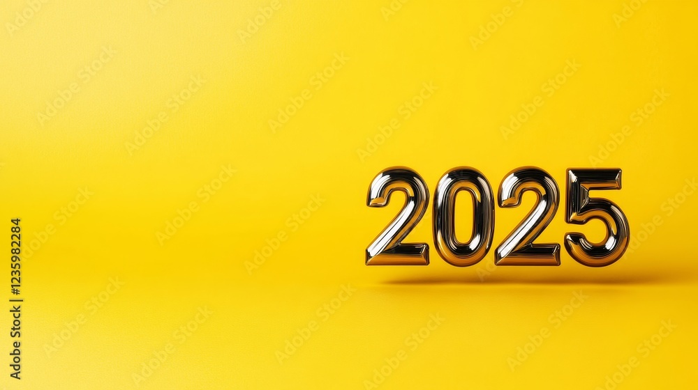 Poster bright yellow background with metallic number 2025 - a shiny metallic number 2025 displayed on a vib
