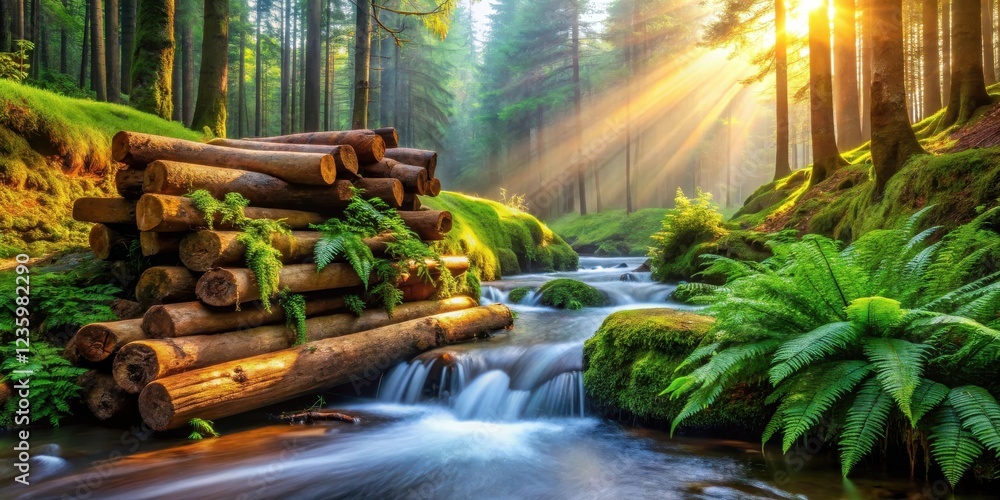 Aufkleber Sunlight streams through the forest canopy, illuminating a tranquil stream cascading over moss-covered rocks and a log dam, creating a breathtaking scene of nature's beauty.