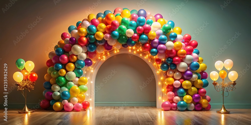 Poster a whimsical party archway decorated with colorful balloons and string lights, creating a festive and
