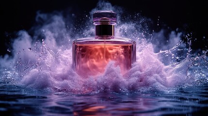 Perfume splash, dark studio, mystic vapor, ad campaign