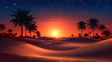 Stunning Desert Sunset Landscape with Palm Trees