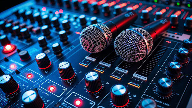  Night club, nightlife concept. Disco. Two microphone on DJ remote. Neon red blue light